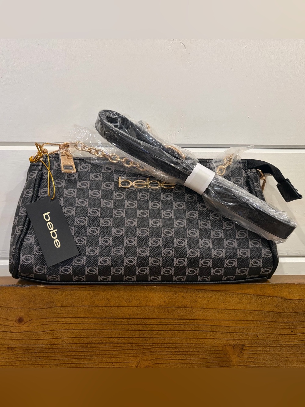 bebe Black Logo Crossbody with Gold Chain Hardware